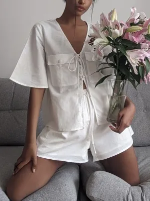 Solid Color Lace Pocket V-Neck Suit