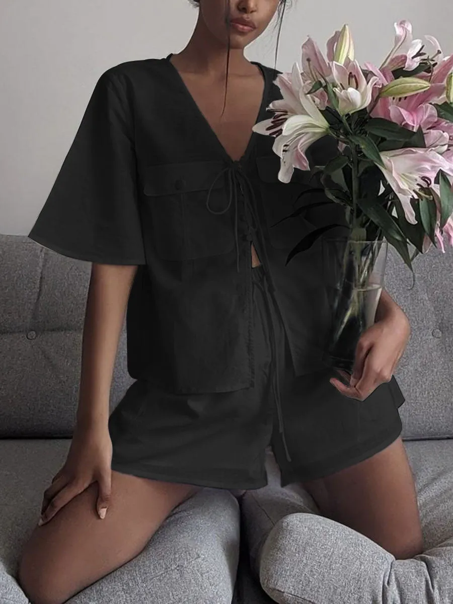 Solid Color Lace Pocket V-Neck Suit