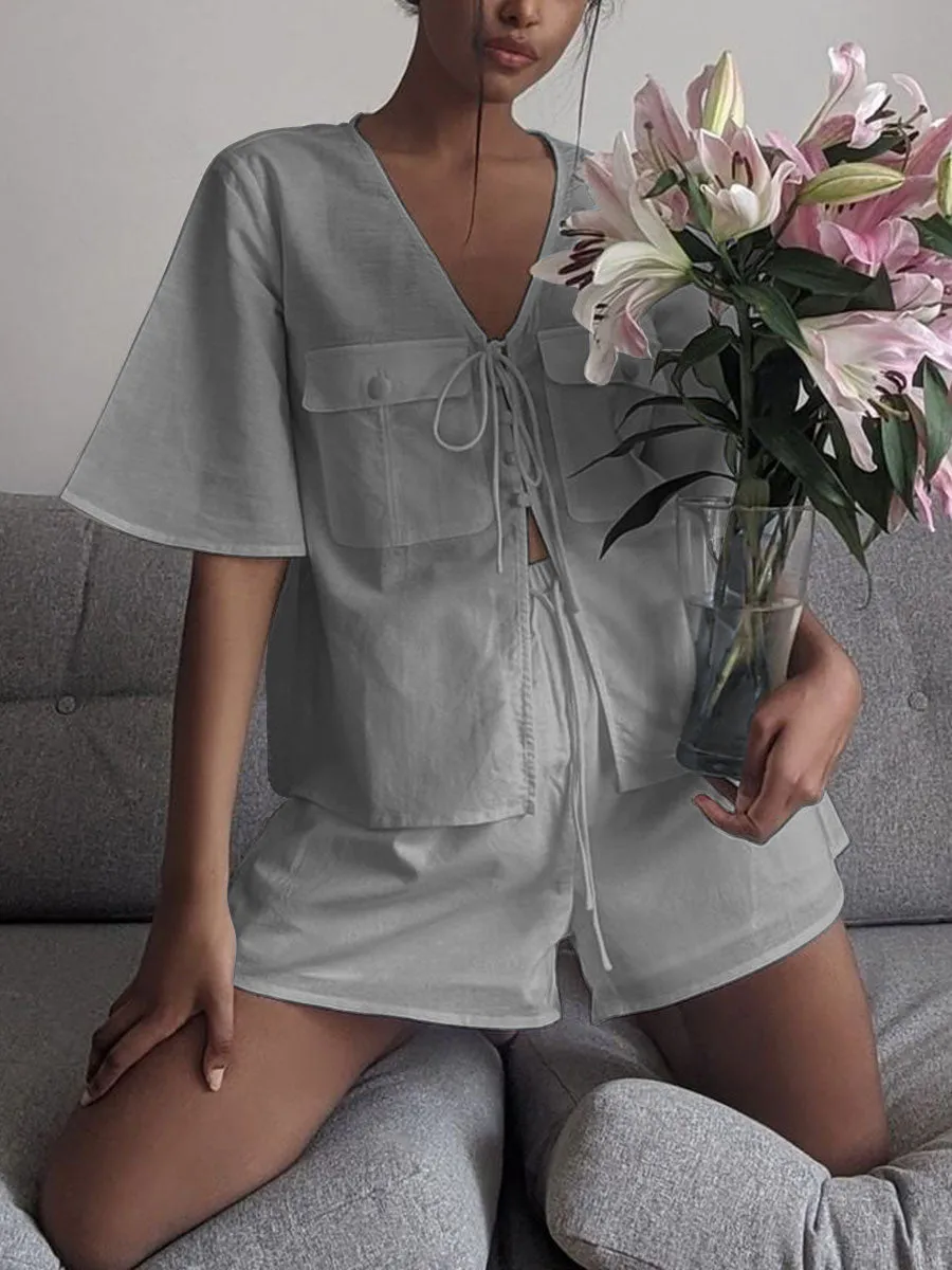 Solid Color Lace Pocket V-Neck Suit