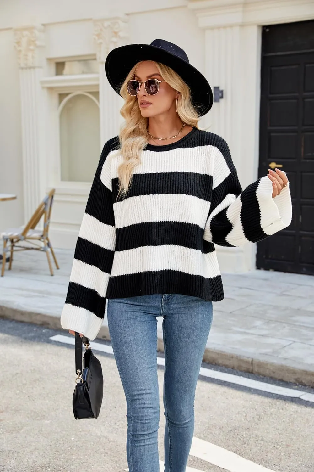 Spring Sweaters for Women, Women's Long Sleeve Crewneck Striped Color Block Oversized Knit Pullover Sweater