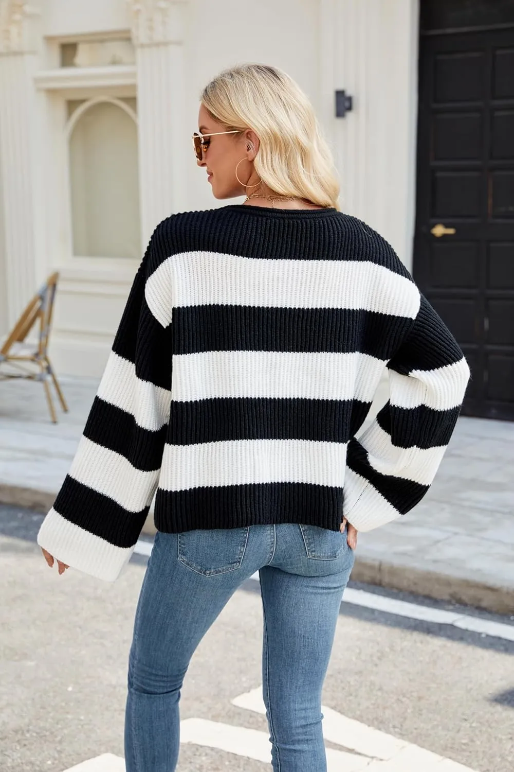 Spring Sweaters for Women, Women's Long Sleeve Crewneck Striped Color Block Oversized Knit Pullover Sweater