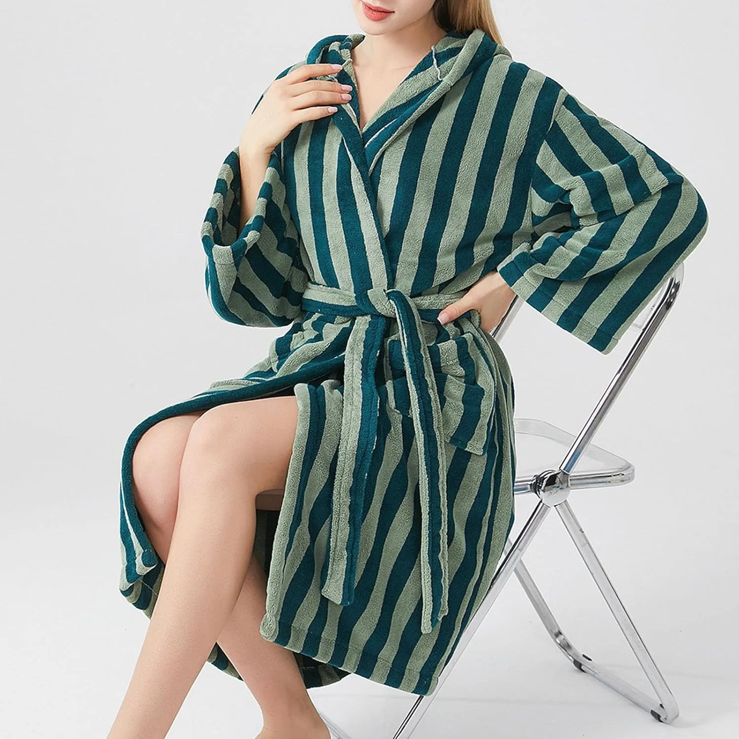 Stripe Bathrobe Women Hooded Sleepwear Robe Velvet Long Sleeve Pajama Plush Nightgown Loose Loungewear Warm Nightwear