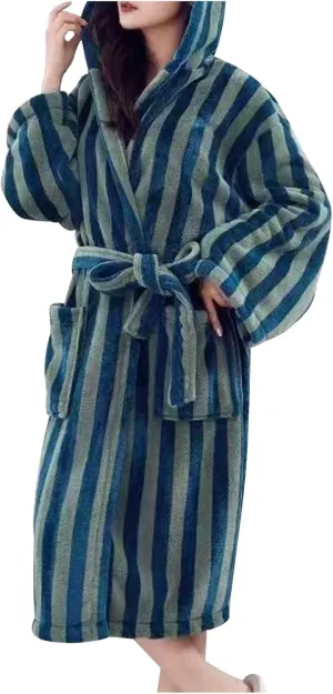 Stripe Bathrobe Women Hooded Sleepwear Robe Velvet Long Sleeve Pajama Plush Nightgown Loose Loungewear Warm Nightwear