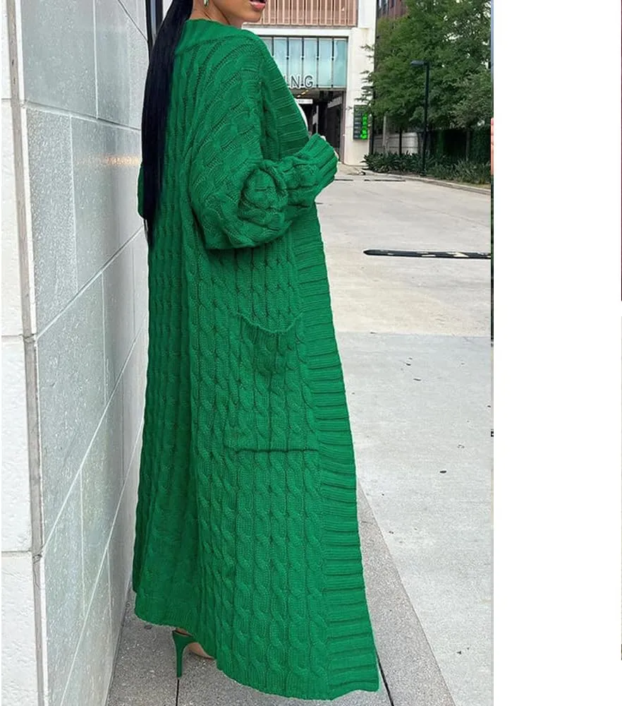 Stylish Cable Knit Dual Pocket Cardigan, Women's Extra Long Ankle Length Sweater, Open Front Casual Knitted Cardigans