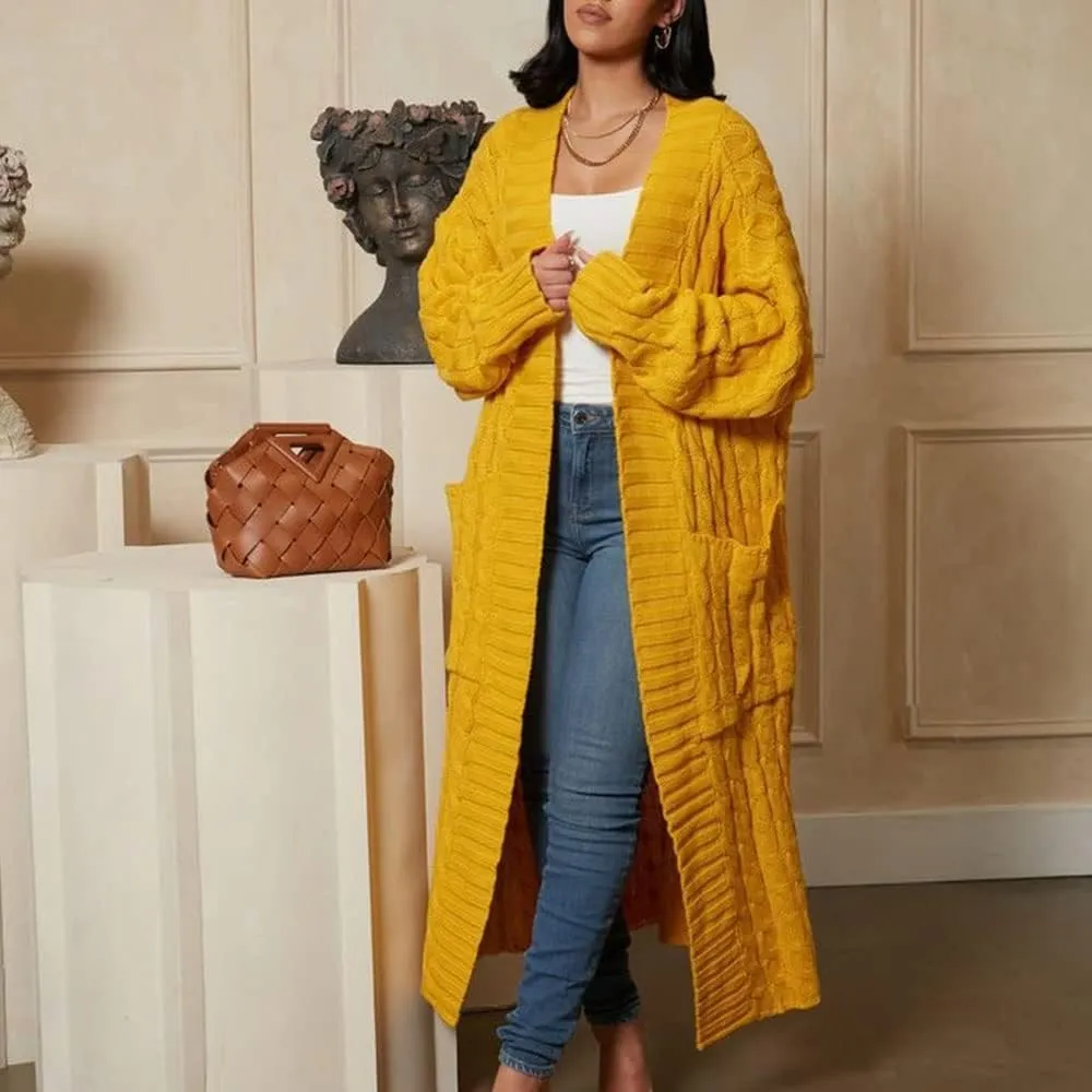 Stylish Cable Knit Dual Pocket Cardigan, Women's Extra Long Ankle Length Sweater, Open Front Casual Knitted Cardigans
