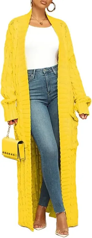 Stylish Cable Knit Dual Pocket Cardigan, Women's Extra Long Ankle Length Sweater, Open Front Casual Knitted Cardigans