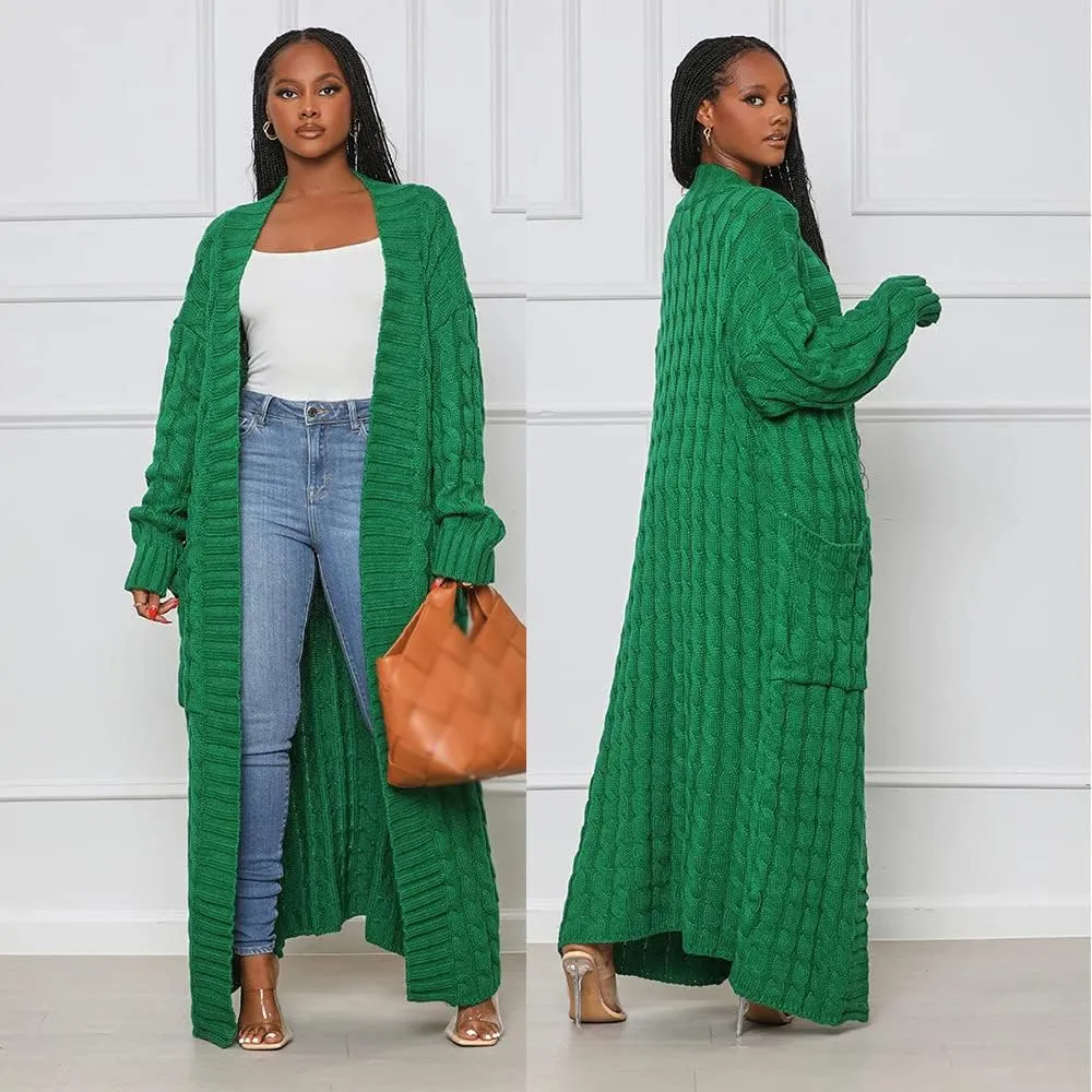 Stylish Cable Knit Dual Pocket Cardigan, Women's Extra Long Ankle Length Sweater, Open Front Casual Knitted Cardigans