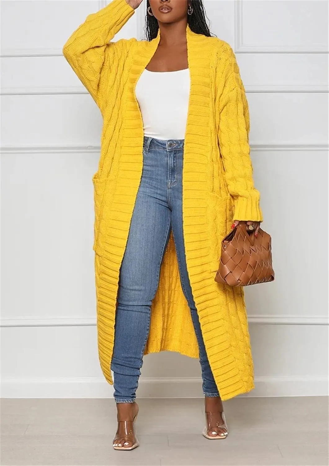 Stylish Cable Knit Dual Pocket Cardigan, Women's Extra Long Ankle Length Sweater, Open Front Casual Knitted Cardigans