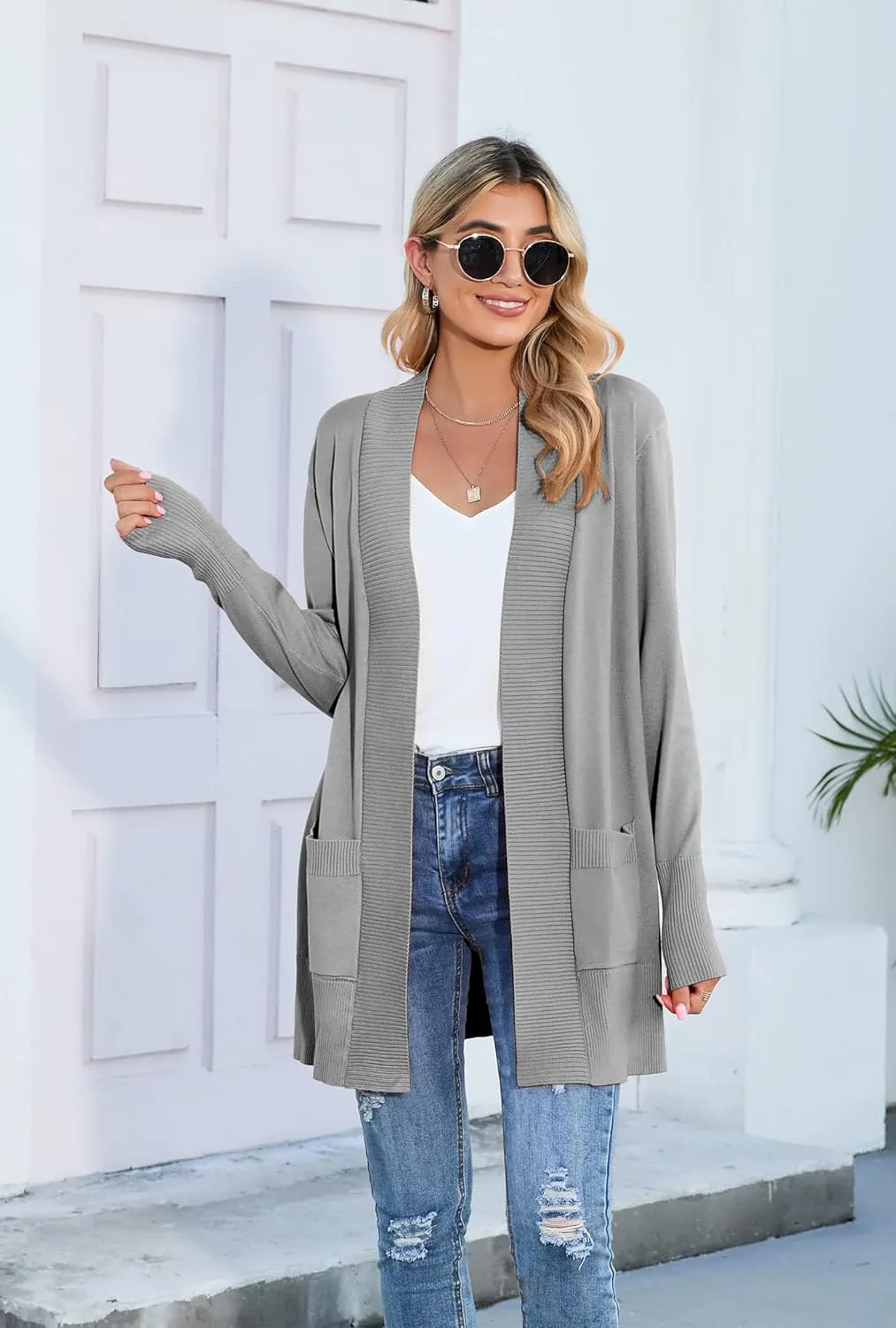 SUEANI Women's Open Front Casual Long Sleeve Knitwear Classic Sweaters Cardigan with Pockets
