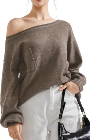 SUUKSESS Women Off The Shoulder Spring Sweaters Long Sleeve Boat Neck Oversized Pullover Sweater Tops