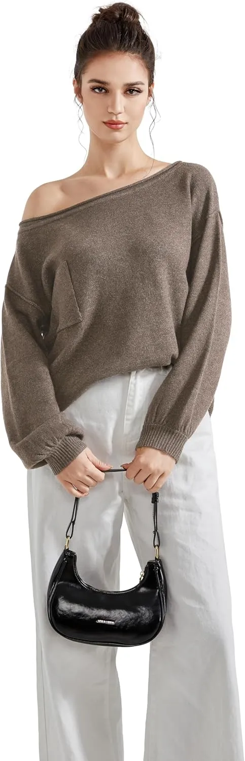 SUUKSESS Women Off The Shoulder Spring Sweaters Long Sleeve Boat Neck Oversized Pullover Sweater Tops