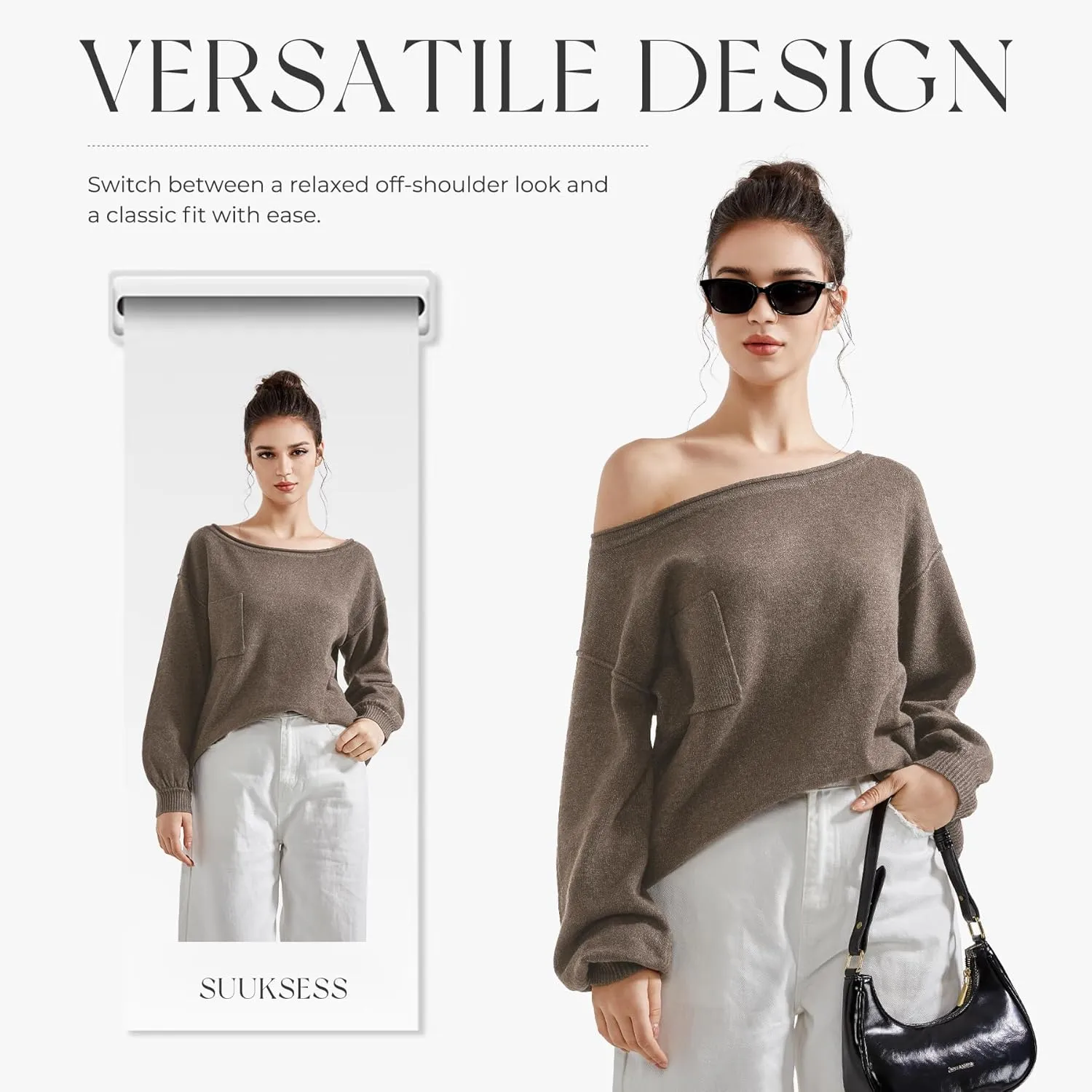SUUKSESS Women Off The Shoulder Spring Sweaters Long Sleeve Boat Neck Oversized Pullover Sweater Tops