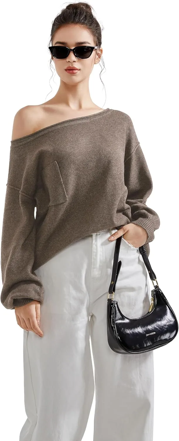 SUUKSESS Women Off The Shoulder Spring Sweaters Long Sleeve Boat Neck Oversized Pullover Sweater Tops