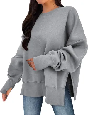 Sweaters for Women Oversized Sweatshirt Side Split Crewneck Pullover Hoodie with Thumb Hole