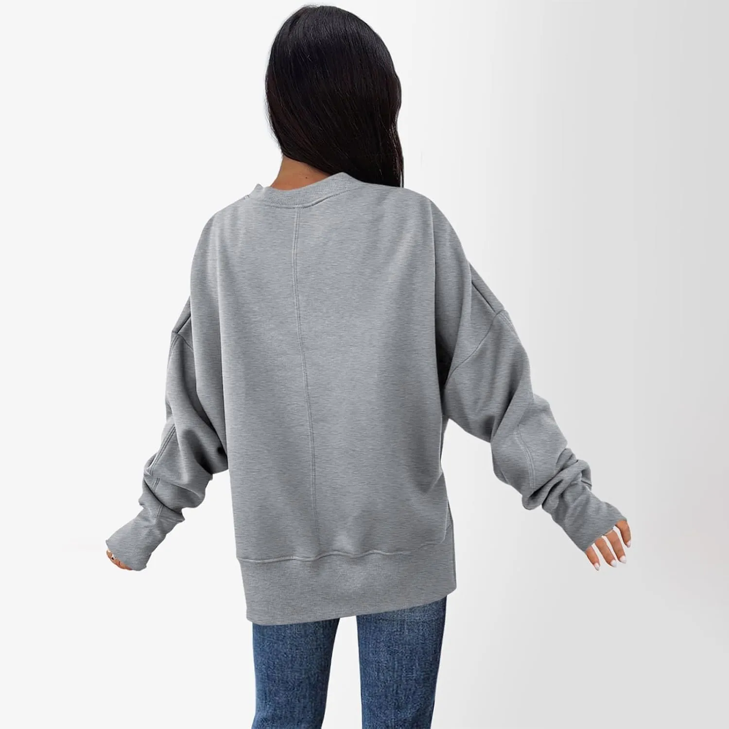 Sweaters for Women Oversized Sweatshirt Side Split Crewneck Pullover Hoodie with Thumb Hole