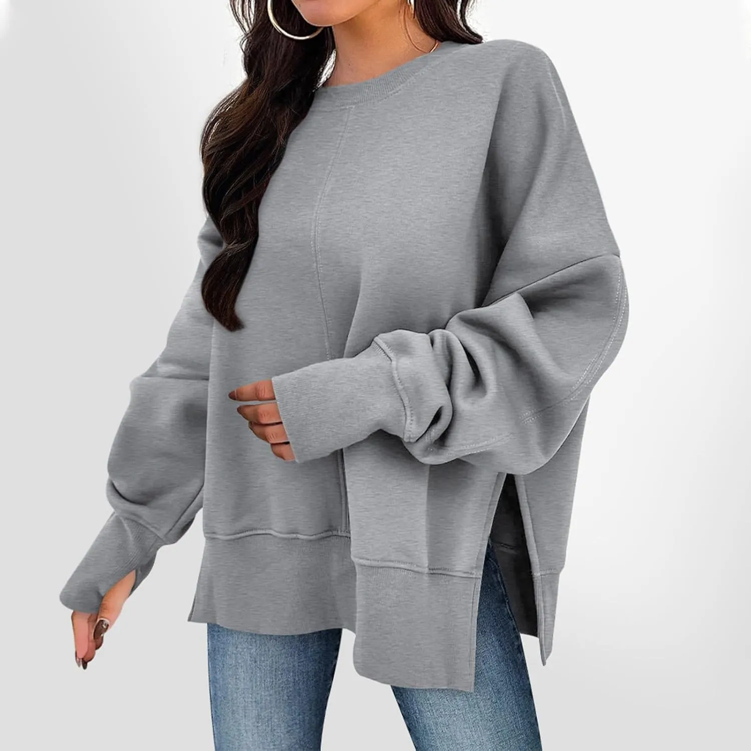 Sweaters for Women Oversized Sweatshirt Side Split Crewneck Pullover Hoodie with Thumb Hole