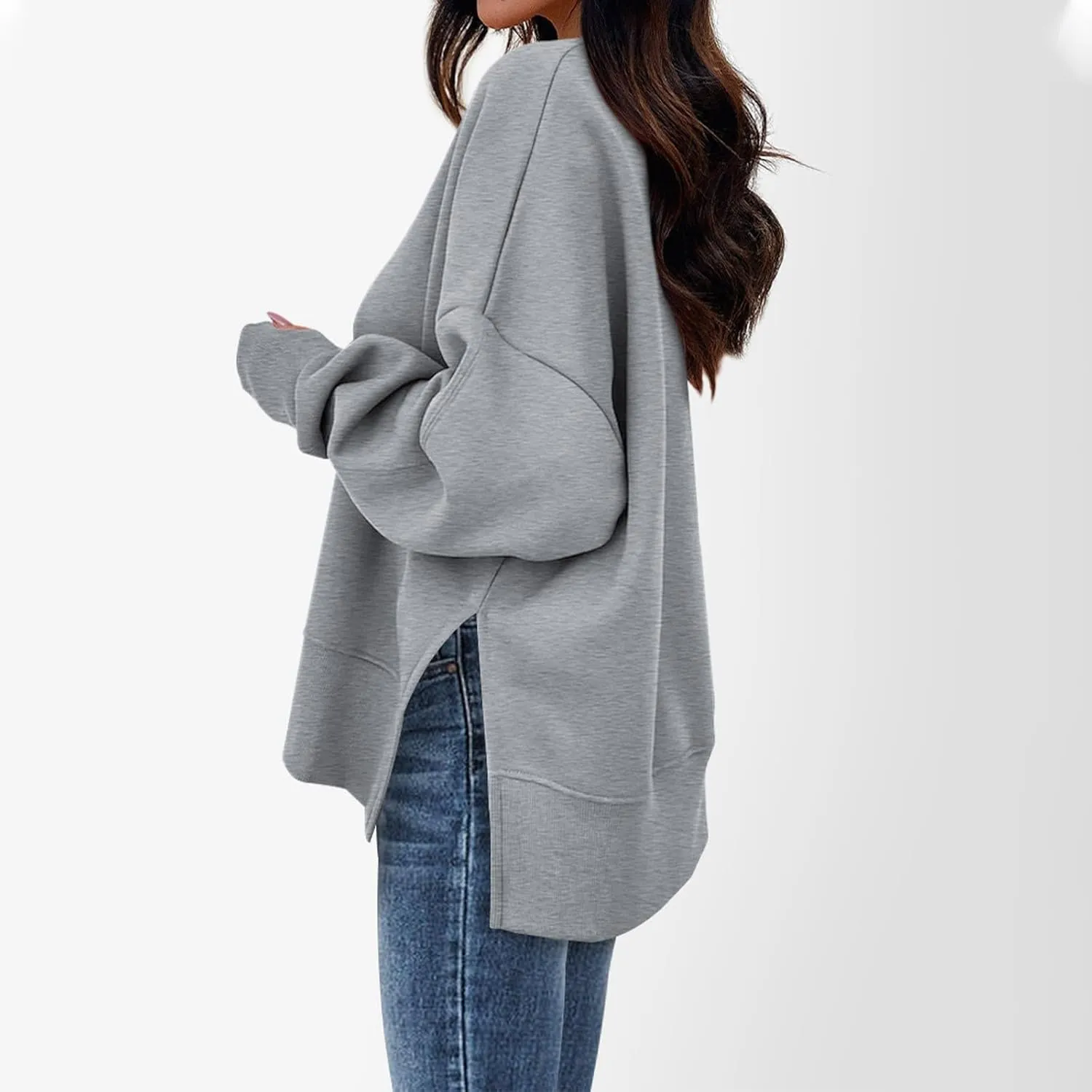 Sweaters for Women Oversized Sweatshirt Side Split Crewneck Pullover Hoodie with Thumb Hole