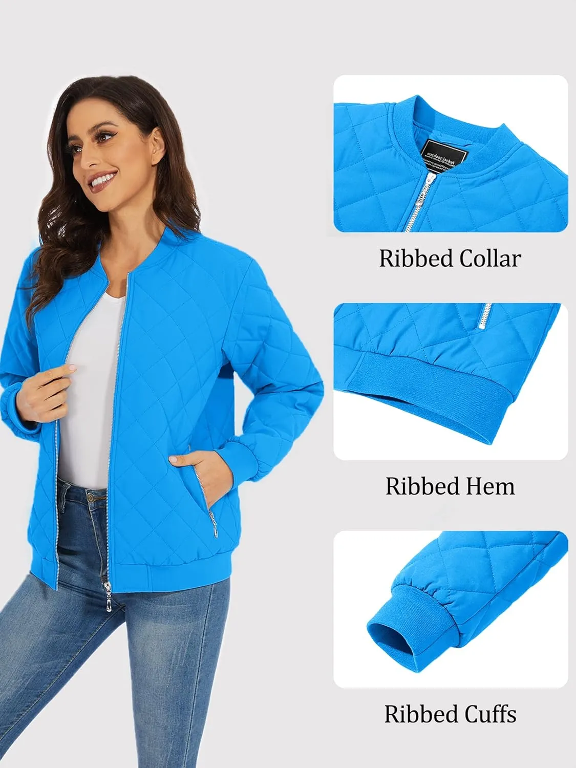 TACVASEN Women's Diamond Quilted Jackets Lightweight Casual Bomber Jacket Warm Winter Coats Full Zip with Pockets