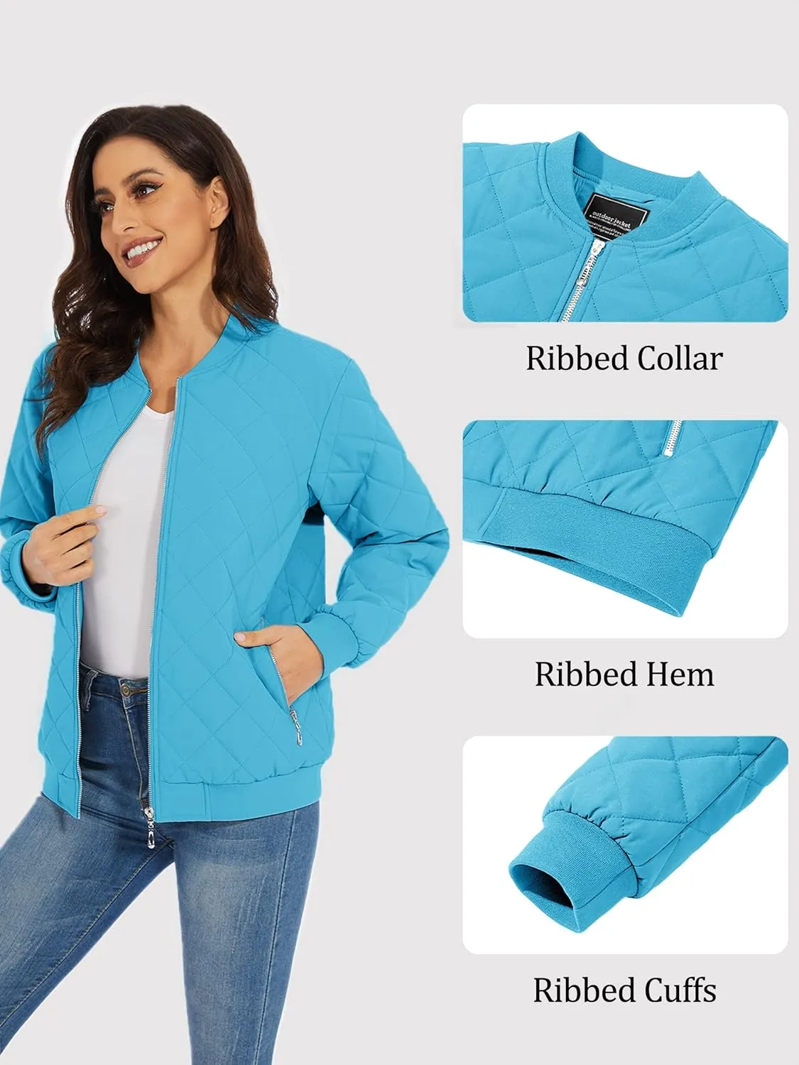 TACVASEN Women's Diamond Quilted Jackets Lightweight Casual Bomber Jacket Warm Winter Coats Full Zip with Pockets