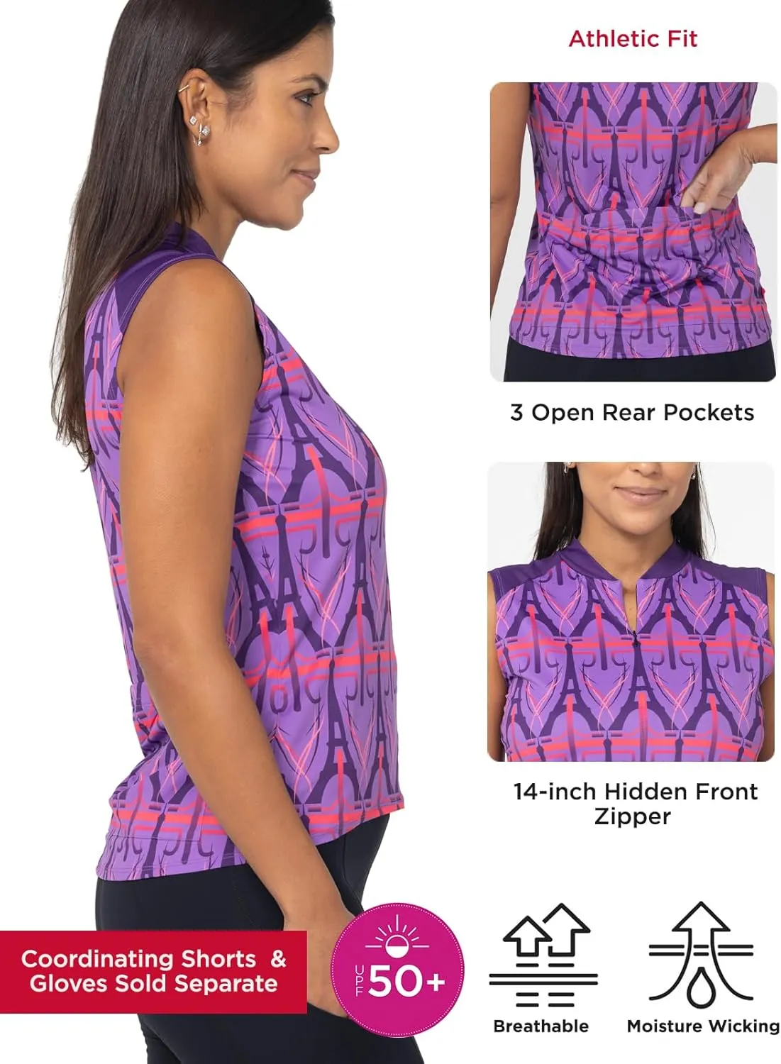 Terry Soleil Womens Sleeveless Bike Jersey, UPF 50  Sun Top, Athletic Fit Moisture Wicking Cycling Zippered Tank
