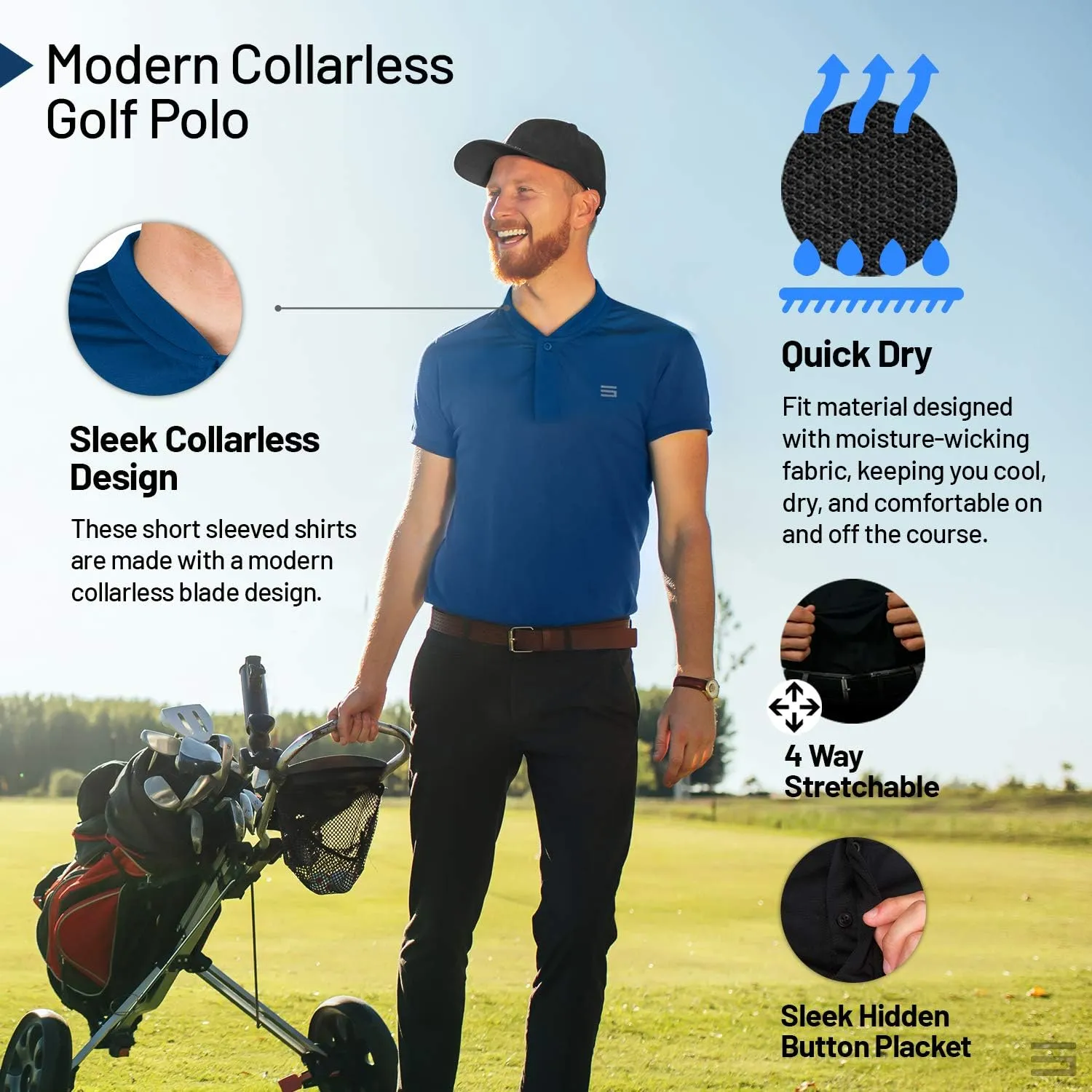 Three Sixty Six Men's Short Sleeve Collarless Golf Polo - Lightweight, Moisture-Wicking, Quick Dry, Stretch Fabric