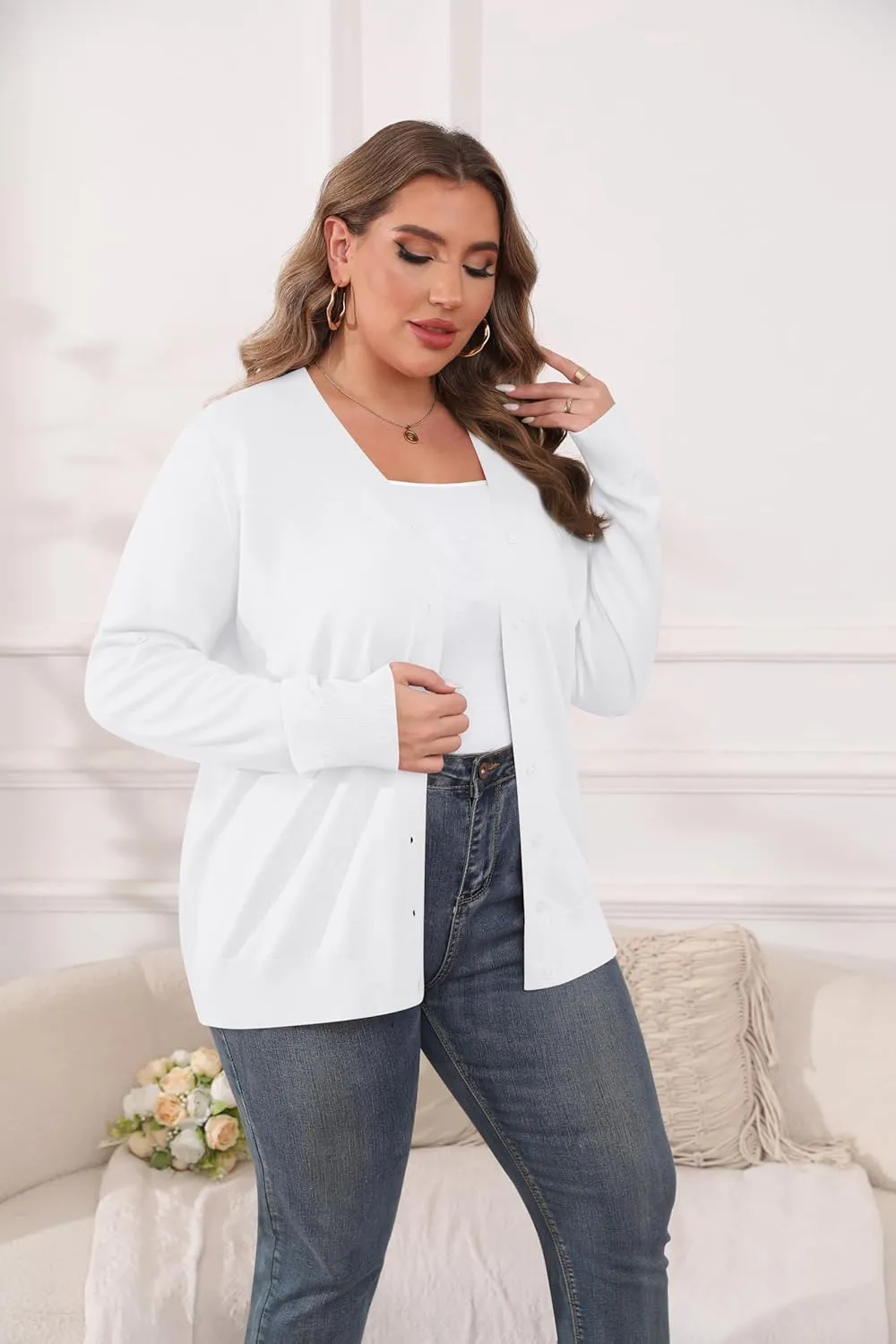 TIANZHU Cardigan Sweaters for Women Plus Size Open Front Long Sleeve V Neck Button Comfy Lightweight Cardigan Casual Coat