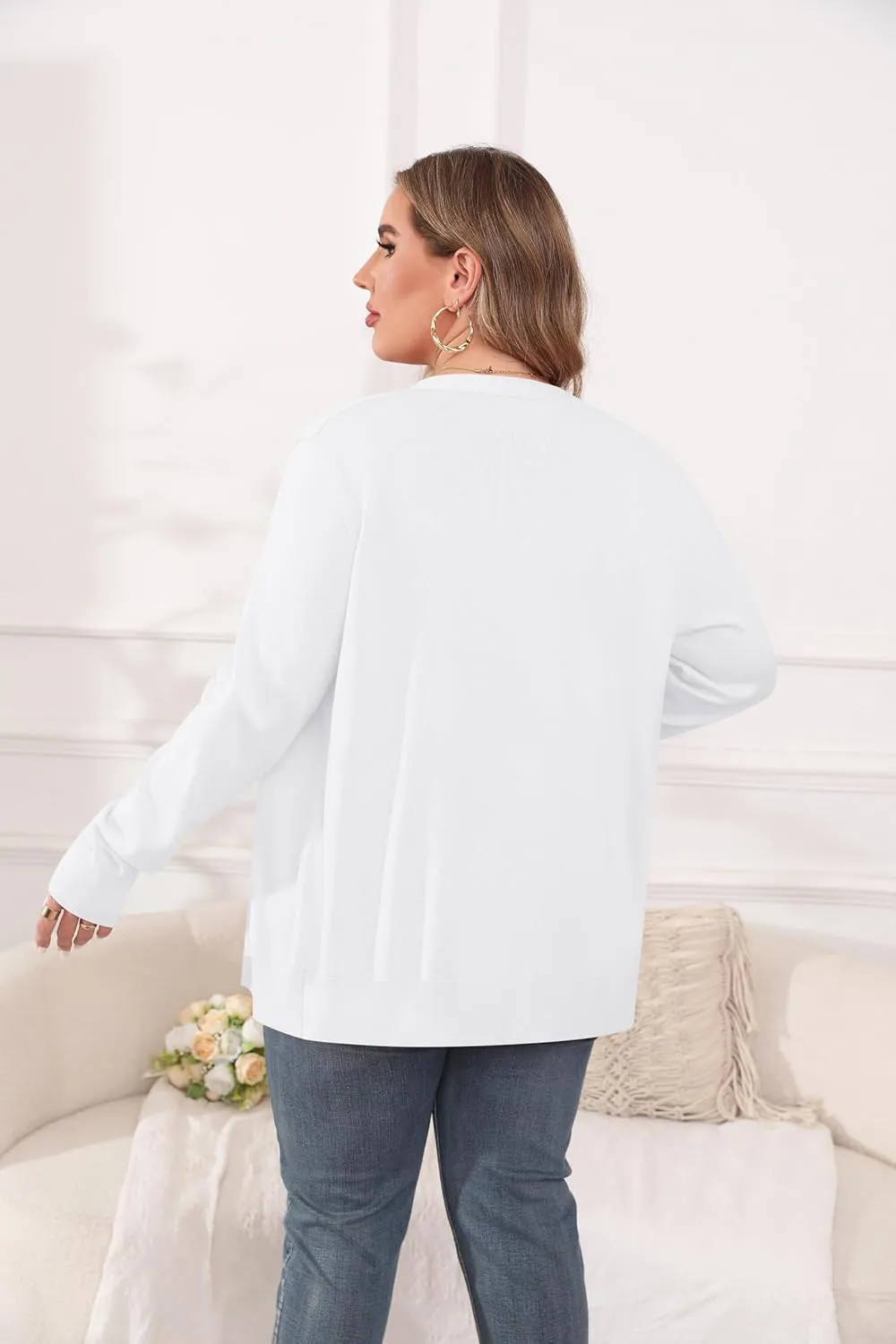 TIANZHU Cardigan Sweaters for Women Plus Size Open Front Long Sleeve V Neck Button Comfy Lightweight Cardigan Casual Coat