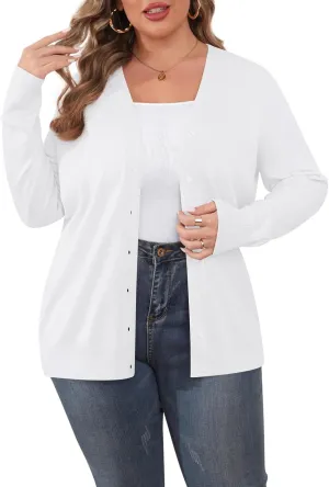 TIANZHU Cardigan Sweaters for Women Plus Size Open Front Long Sleeve V Neck Button Comfy Lightweight Cardigan Casual Coat