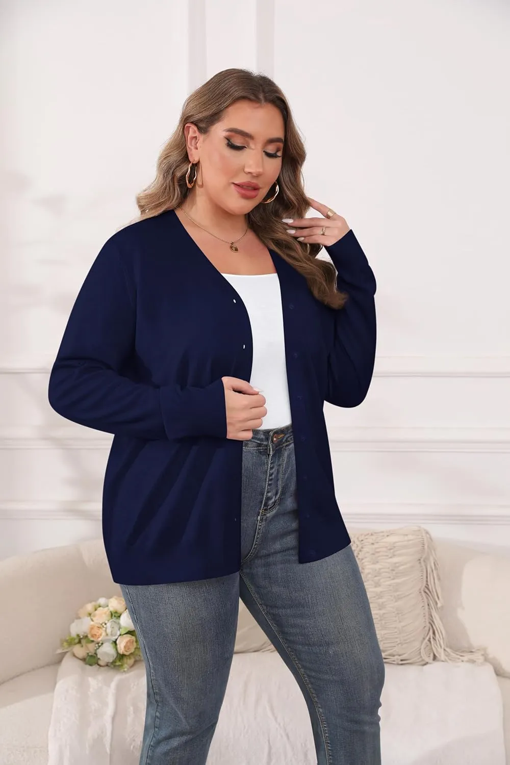 TIANZHU Cardigan Sweaters for Women Plus Size Open Front Long Sleeve V Neck Button Comfy Lightweight Cardigan Casual Coat