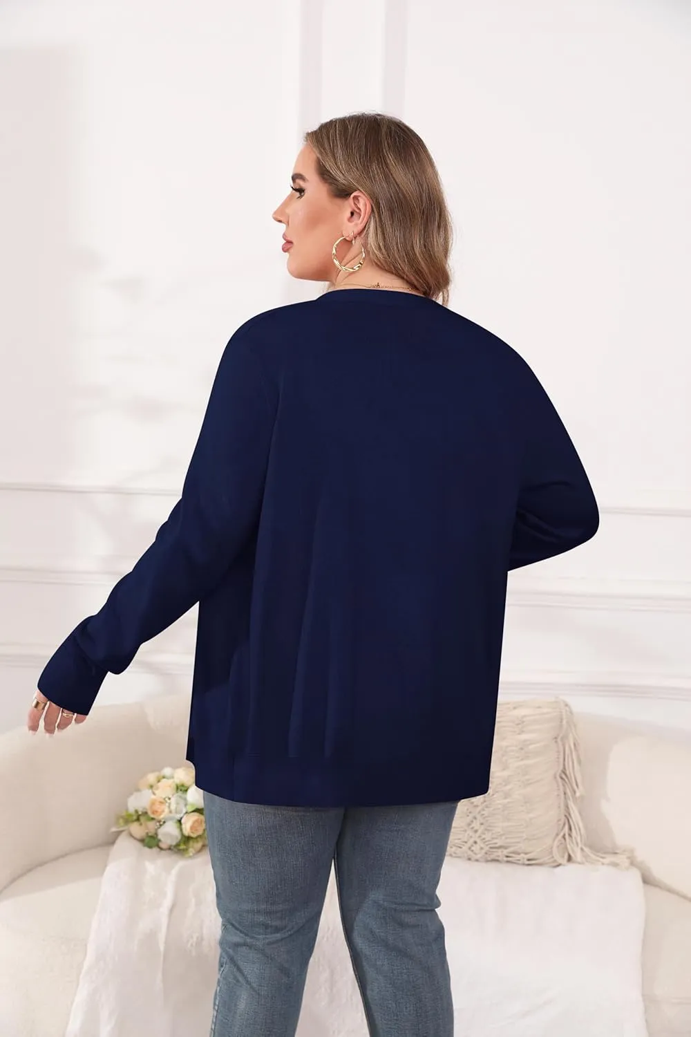 TIANZHU Cardigan Sweaters for Women Plus Size Open Front Long Sleeve V Neck Button Comfy Lightweight Cardigan Casual Coat