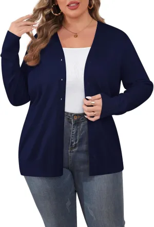 TIANZHU Cardigan Sweaters for Women Plus Size Open Front Long Sleeve V Neck Button Comfy Lightweight Cardigan Casual Coat