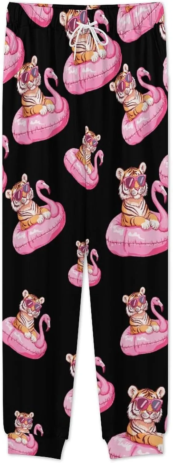 Tiger Flamingos Swimming Ring Soft Mens Pajamas Set Round Neck Pullover Long Sleeve And Pants Loungewear 2 Piece Pjs Set