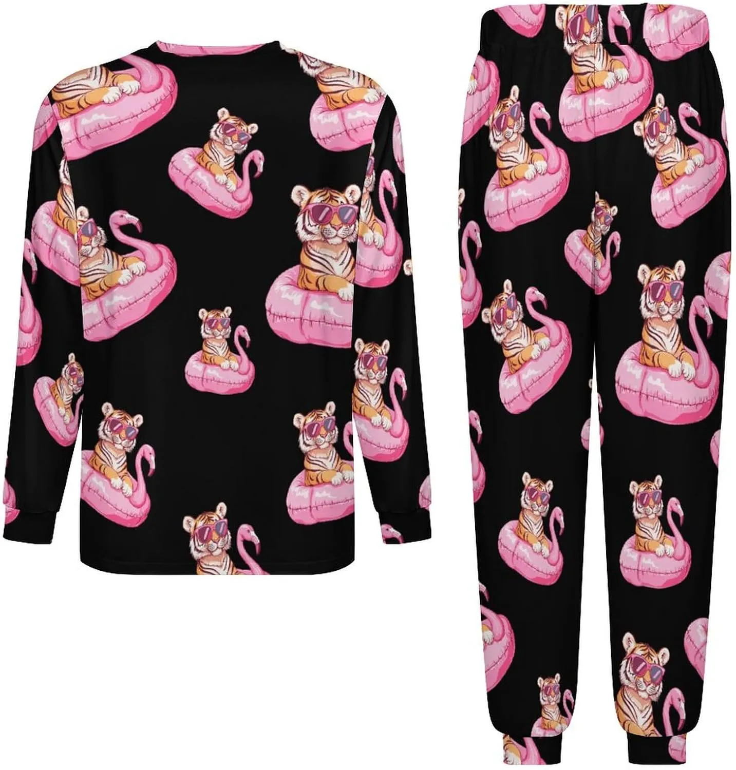 Tiger Flamingos Swimming Ring Soft Mens Pajamas Set Round Neck Pullover Long Sleeve And Pants Loungewear 2 Piece Pjs Set