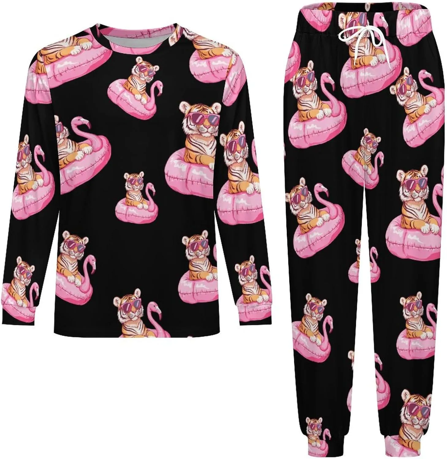 Tiger Flamingos Swimming Ring Soft Mens Pajamas Set Round Neck Pullover Long Sleeve And Pants Loungewear 2 Piece Pjs Set