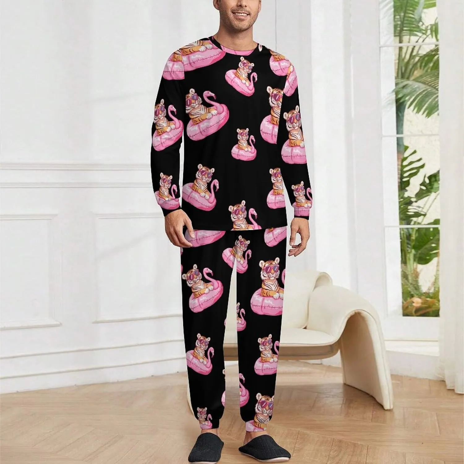 Tiger Flamingos Swimming Ring Soft Mens Pajamas Set Round Neck Pullover Long Sleeve And Pants Loungewear 2 Piece Pjs Set