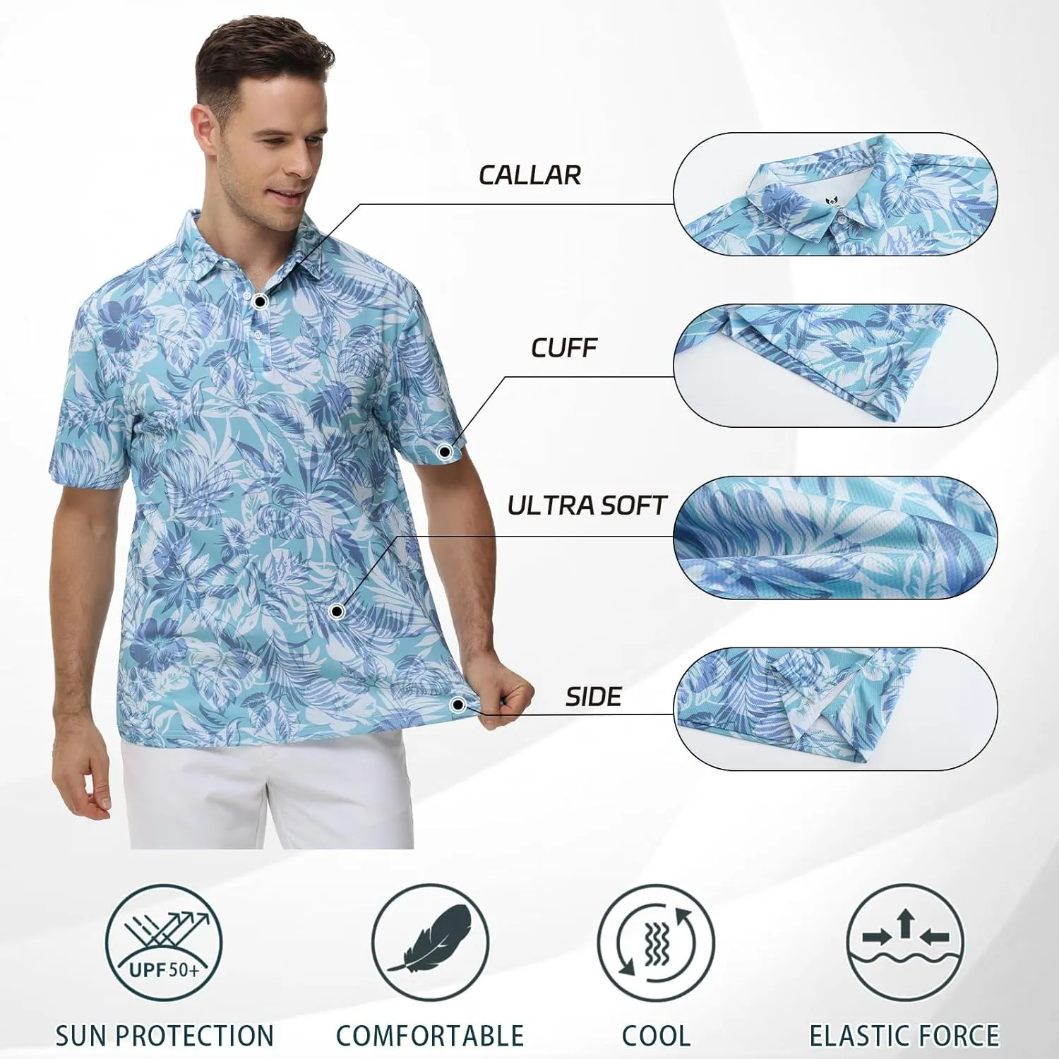 TIHEEN Mens Performance Moisture Wicking Golf Polo Shirt,Mens Business Casual Printed Short Sleeve Polo Shirts