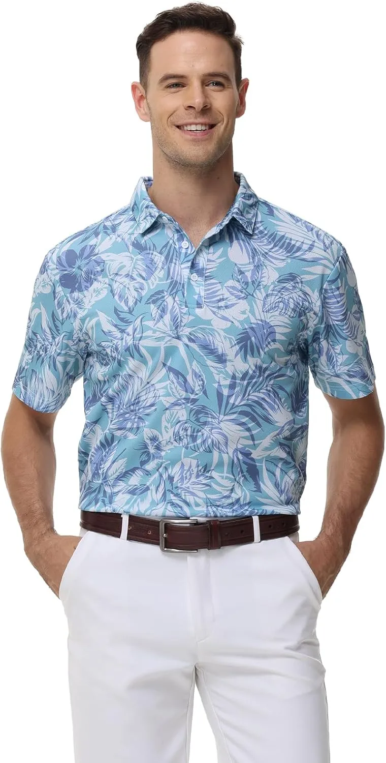 TIHEEN Mens Performance Moisture Wicking Golf Polo Shirt,Mens Business Casual Printed Short Sleeve Polo Shirts