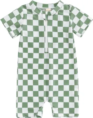Toddler Baby Boy Girl Swimsuit Checkered One Piece Swimwear Short Sleeve Zipper Rash Guard Beach Bathing Suit
