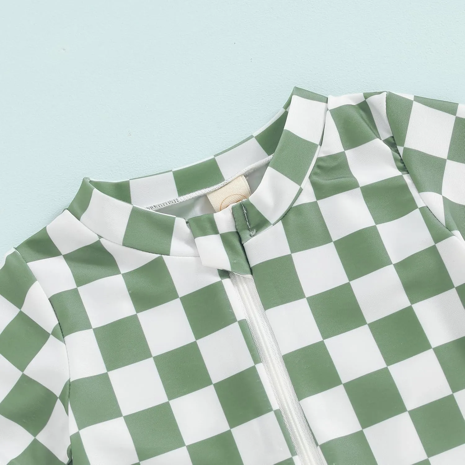 Toddler Baby Boy Girl Swimsuit Checkered One Piece Swimwear Short Sleeve Zipper Rash Guard Beach Bathing Suit