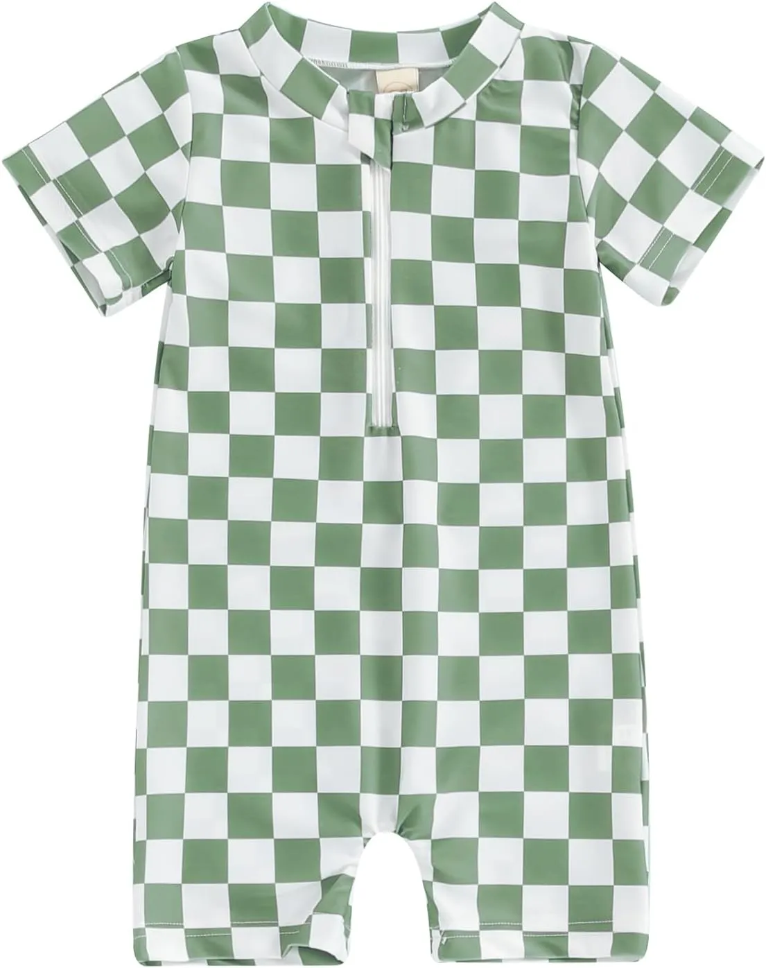 Toddler Baby Boy Girl Swimsuit Checkered One Piece Swimwear Short Sleeve Zipper Rash Guard Beach Bathing Suit