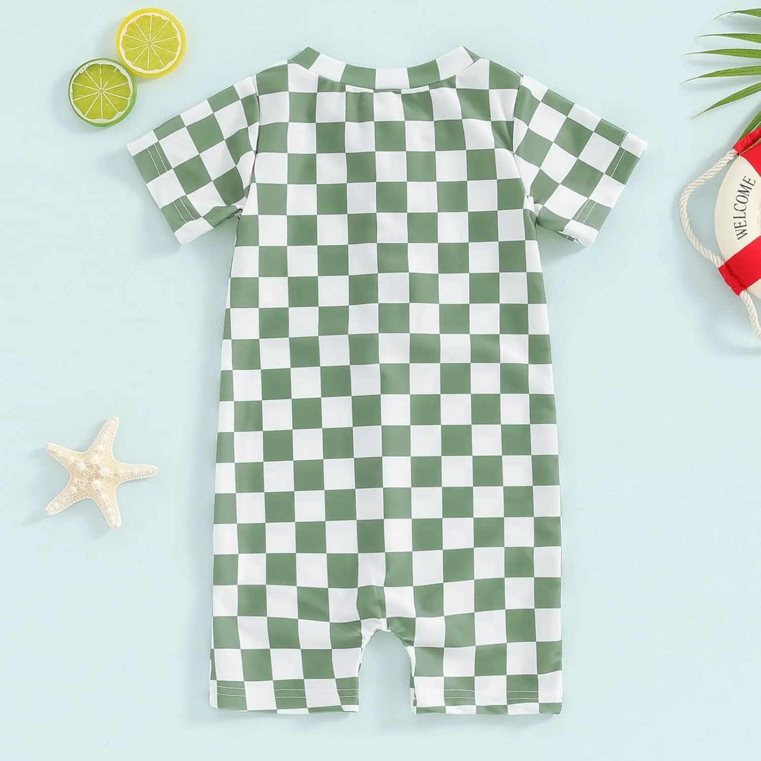 Toddler Baby Boy Girl Swimsuit Checkered One Piece Swimwear Short Sleeve Zipper Rash Guard Beach Bathing Suit