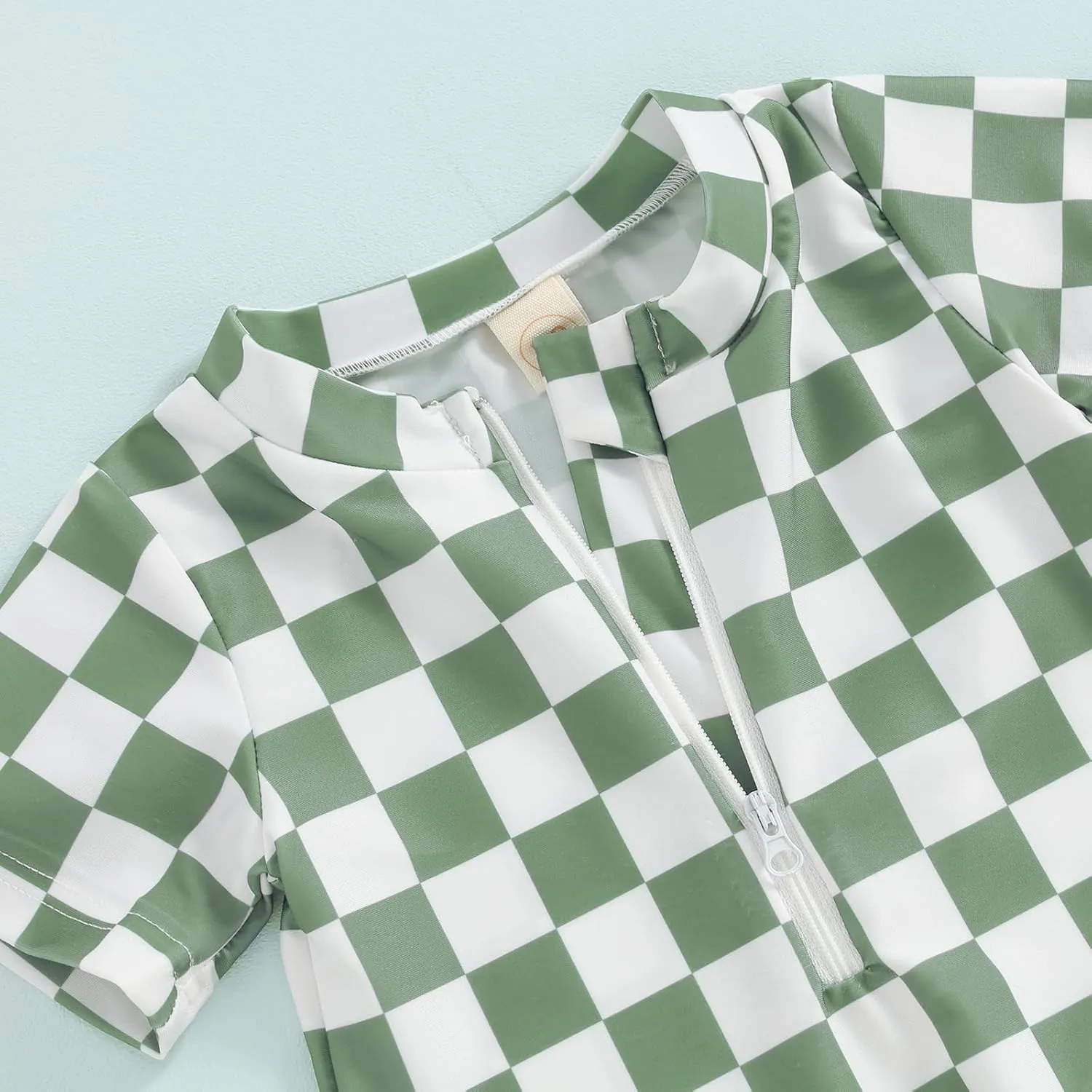 Toddler Baby Boy Girl Swimsuit Checkered One Piece Swimwear Short Sleeve Zipper Rash Guard Beach Bathing Suit