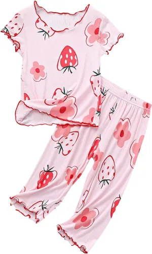 Toddler Baby Nightgown Summer Girls Thin Strawberry Pattern Bathrobe Kids Wooden Ear Edge Short Sleeve Soft Homewear