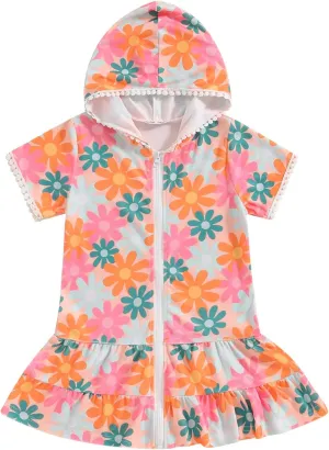 Toddler Girl Swim Cover Up Dress Short Sleeve Floral Print Zip Up Beach Cover-up Hooded Bathrobe for Beach