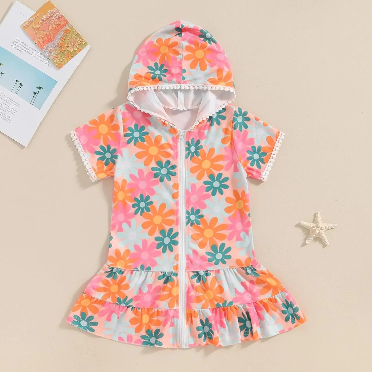 Toddler Girl Swim Cover Up Dress Short Sleeve Floral Print Zip Up Beach Cover-up Hooded Bathrobe for Beach