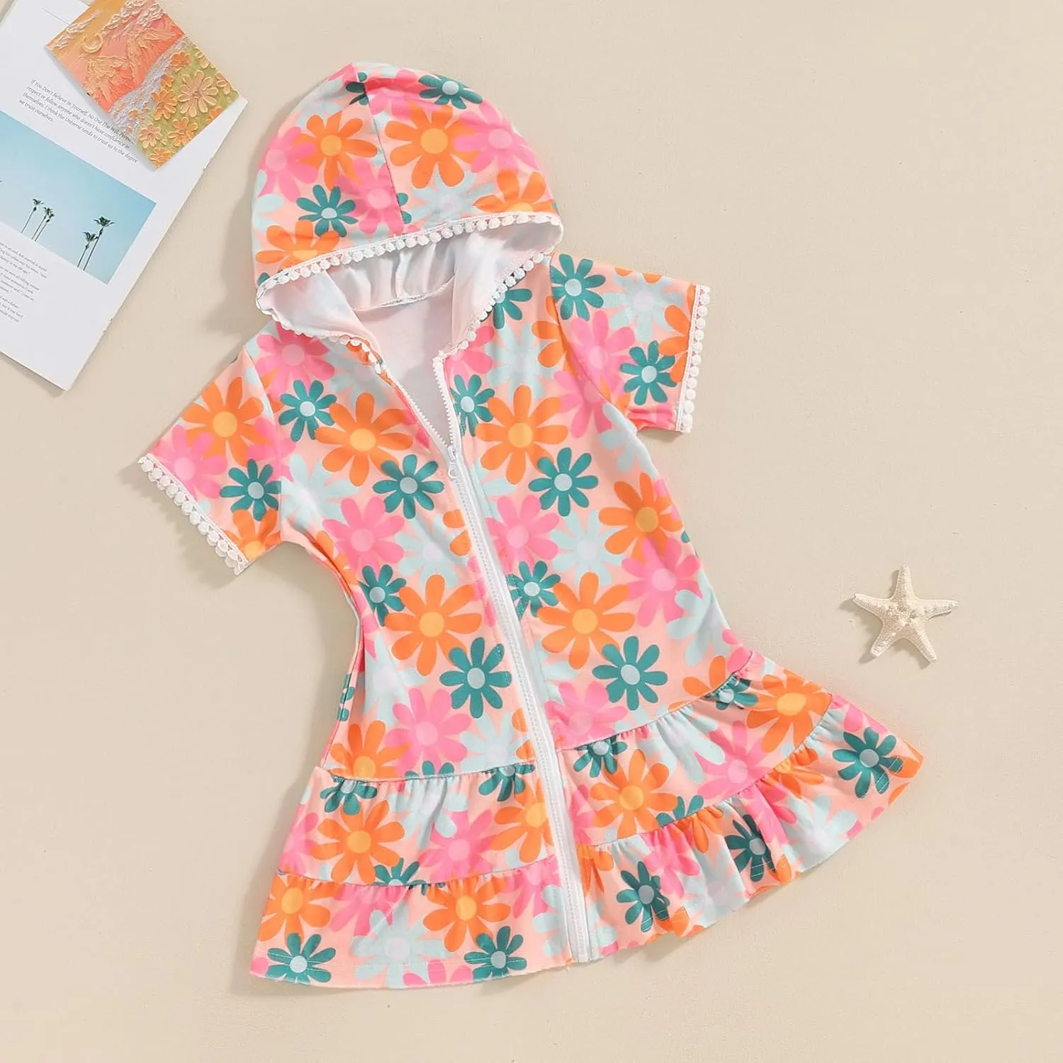 Toddler Girl Swim Cover Up Dress Short Sleeve Floral Print Zip Up Beach Cover-up Hooded Bathrobe for Beach