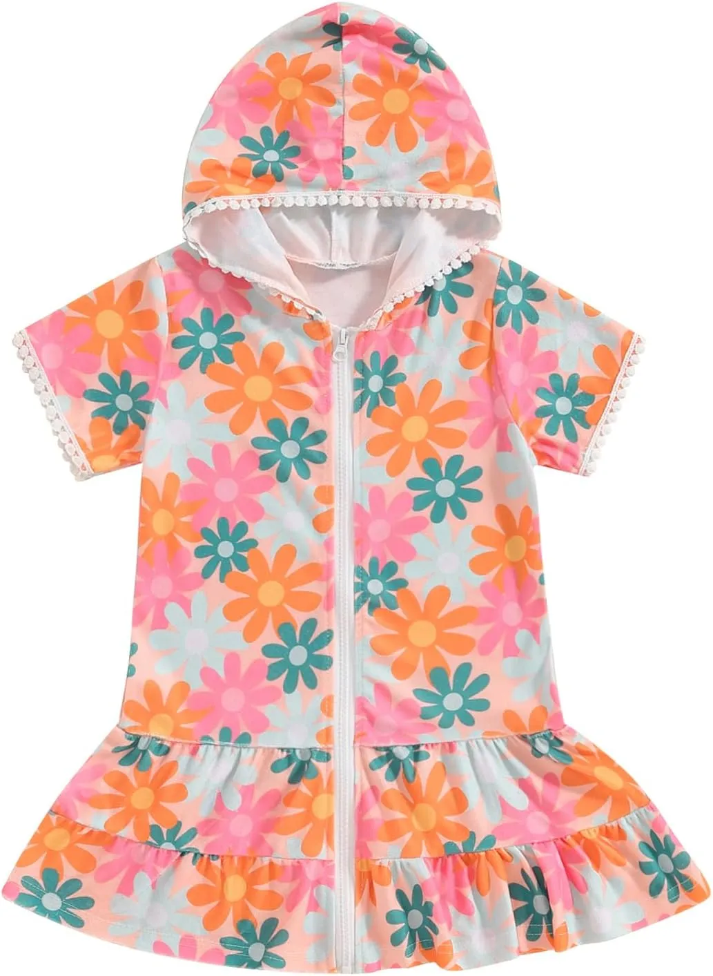 Toddler Girl Swim Cover Up Dress Short Sleeve Floral Print Zip Up Beach Cover-up Hooded Bathrobe for Beach
