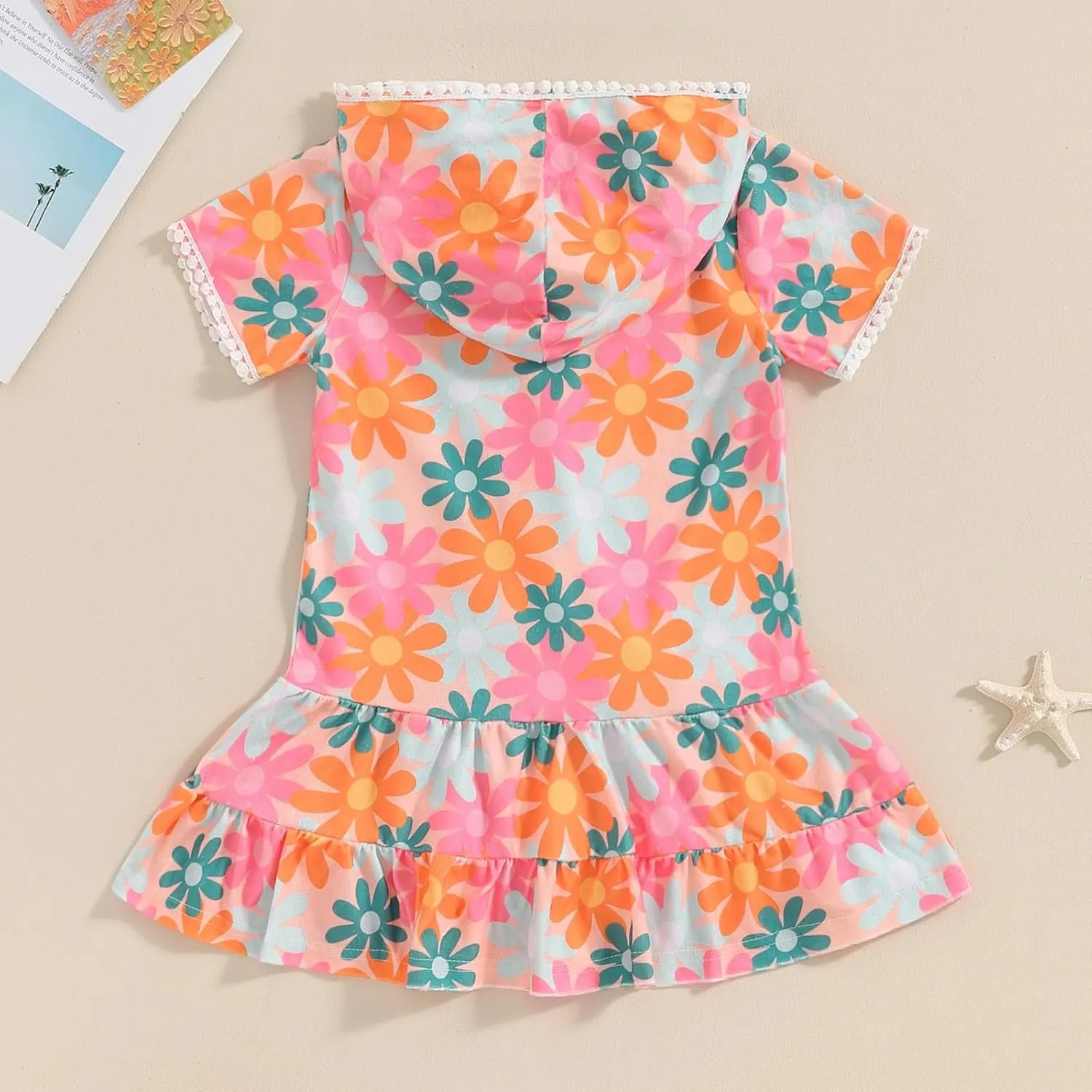 Toddler Girl Swim Cover Up Dress Short Sleeve Floral Print Zip Up Beach Cover-up Hooded Bathrobe for Beach
