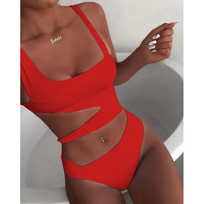 Trendy Off The Shoulder Hollow Out Swimsuit