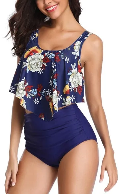 Trendy Ruffle  High Waist Bikini Swimwear With Push Up Bra